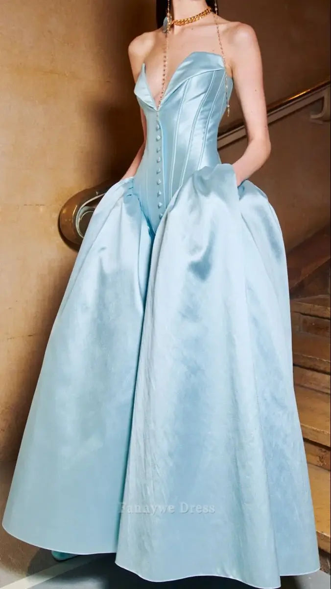 Vestido largo formal de satén azul sin tirantes de corte A, vestido de dama de honor, vestido de noche, vestido de fiesta